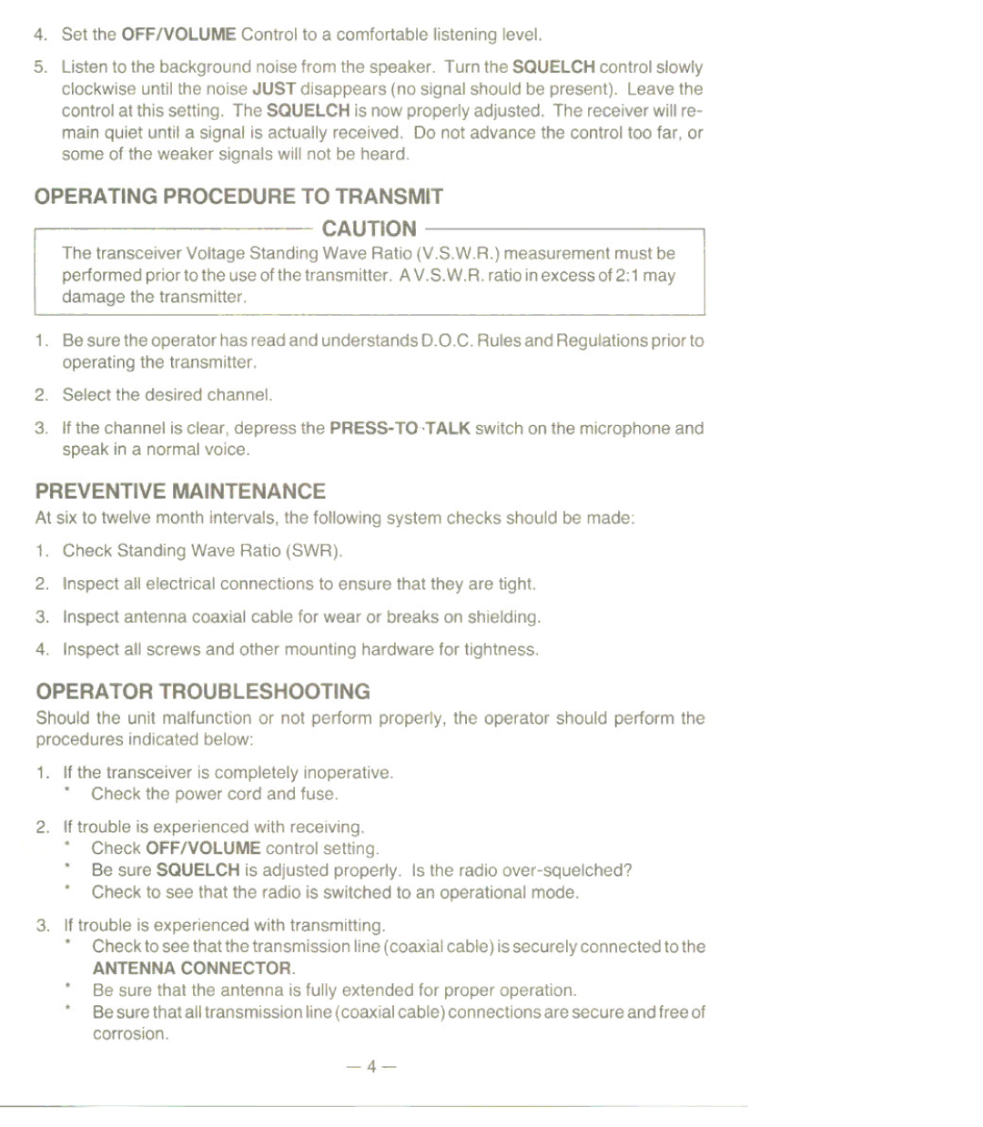 Uniden UH077 owner manual Operating Procedure to Transmit, Preventive Maintenance, Operator Troubleshooting 