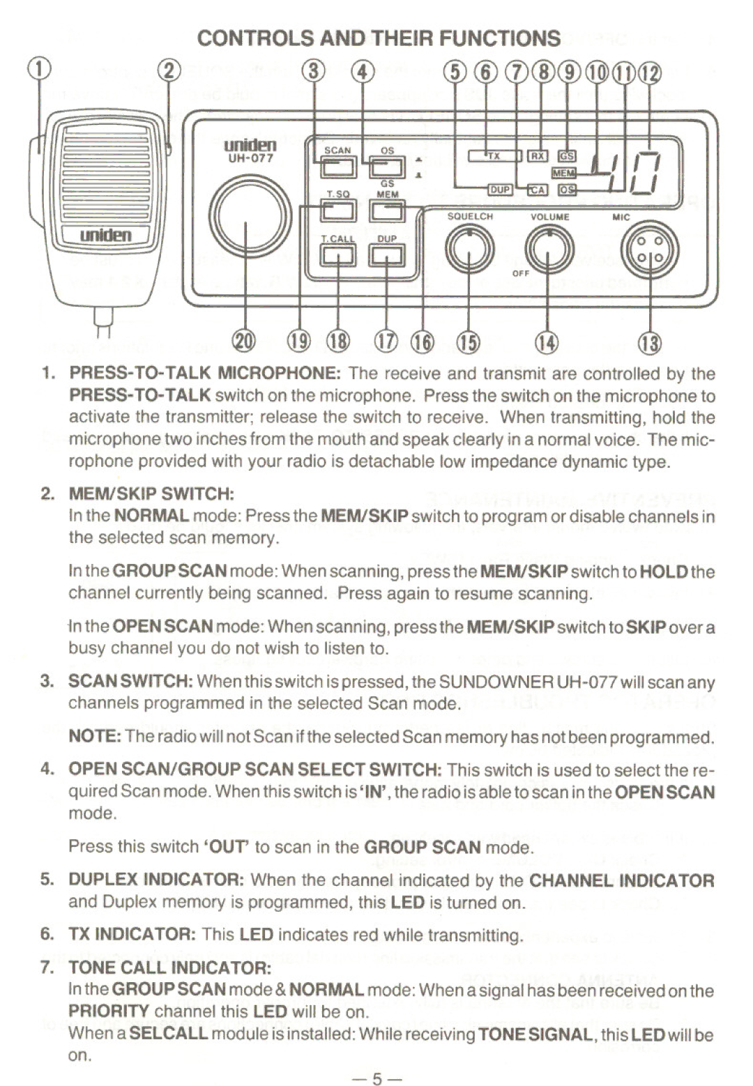 Uniden UH077 owner manual MEM/SKIP Switch, Tone Call Indicator 