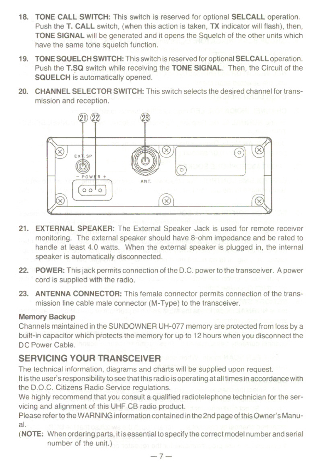 Uniden UH077 owner manual Servicing Your Transceiver 