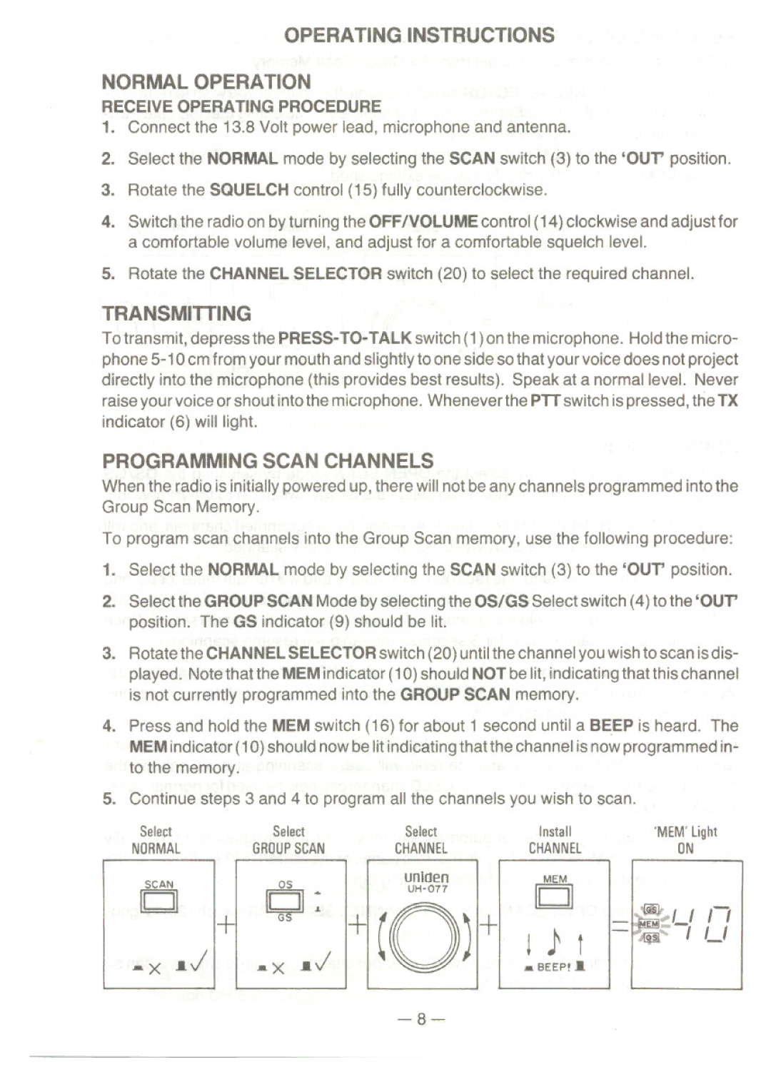 Uniden UH077 owner manual Operating Instructions Normal Operation, Transmitting, Programming Scan Channels 