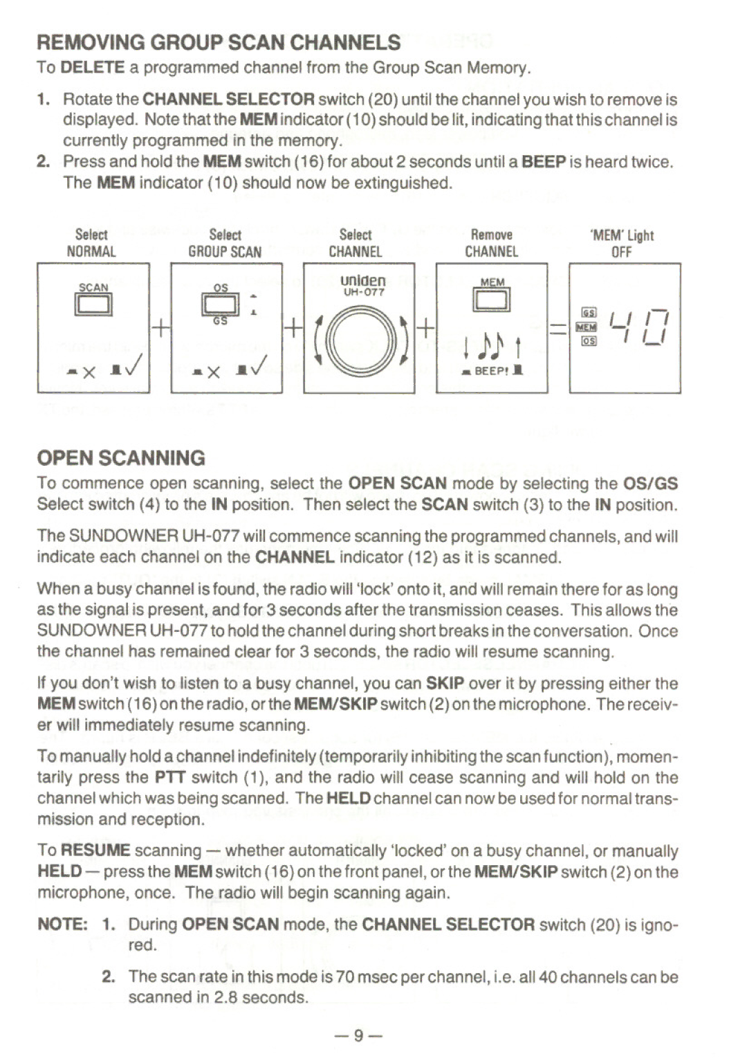 Uniden UH077 owner manual Removing Group Scan Channels, Open Scanning, Off 