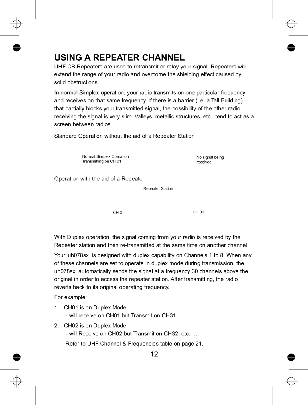 Uniden uh078sx manual Using a Repeater Channel 