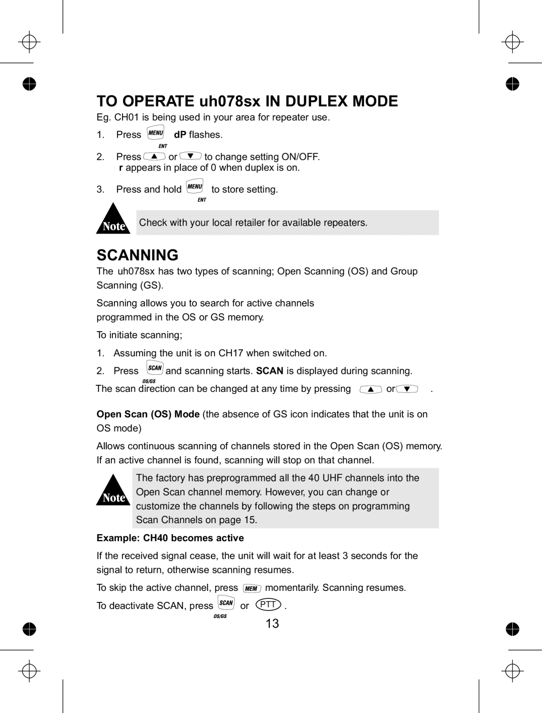 Uniden manual To Operate uh078sx in Duplex Mode, Scanning, Example CH40 becomes active 