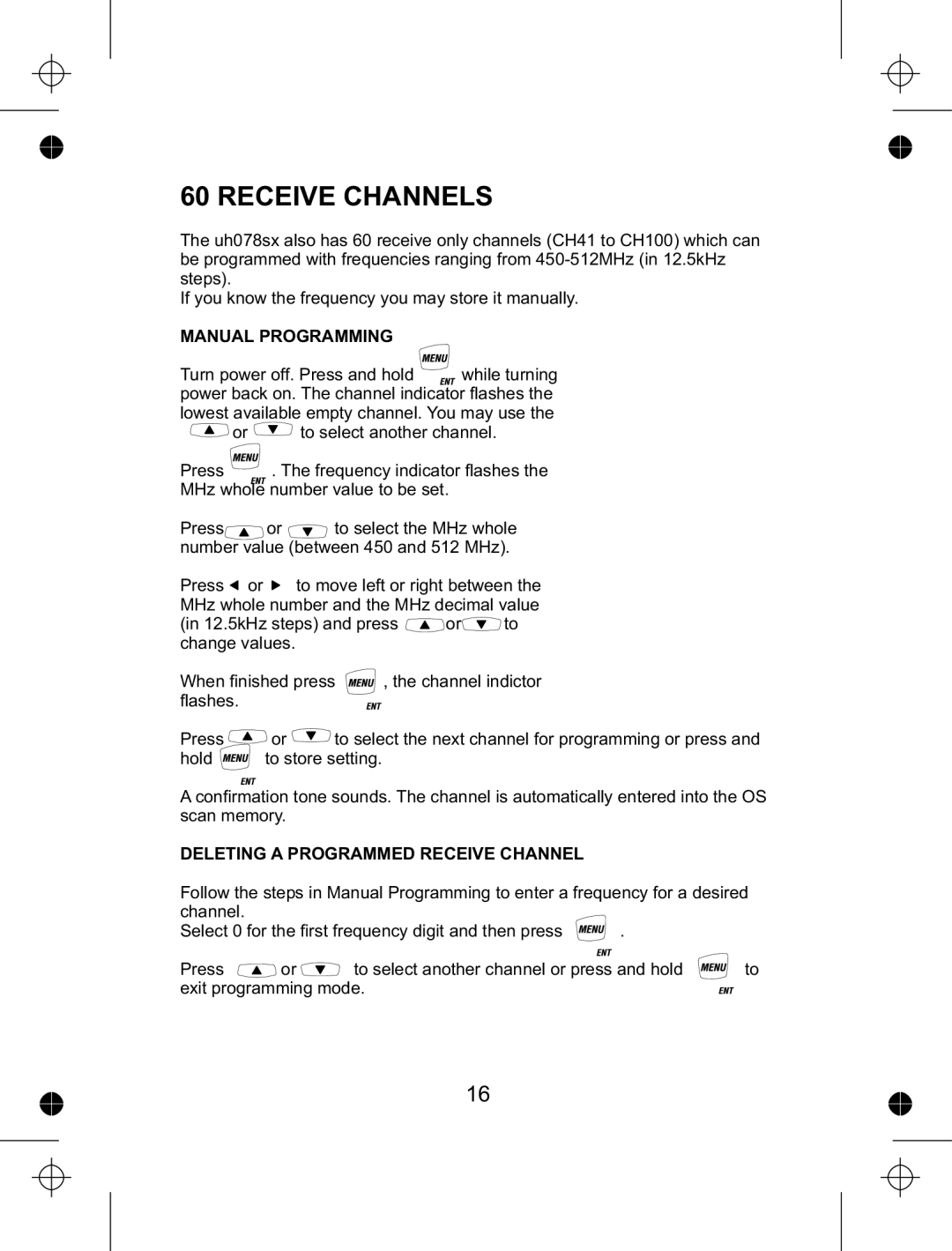 Uniden uh078sx manual Receive Channels, Manual Programming 