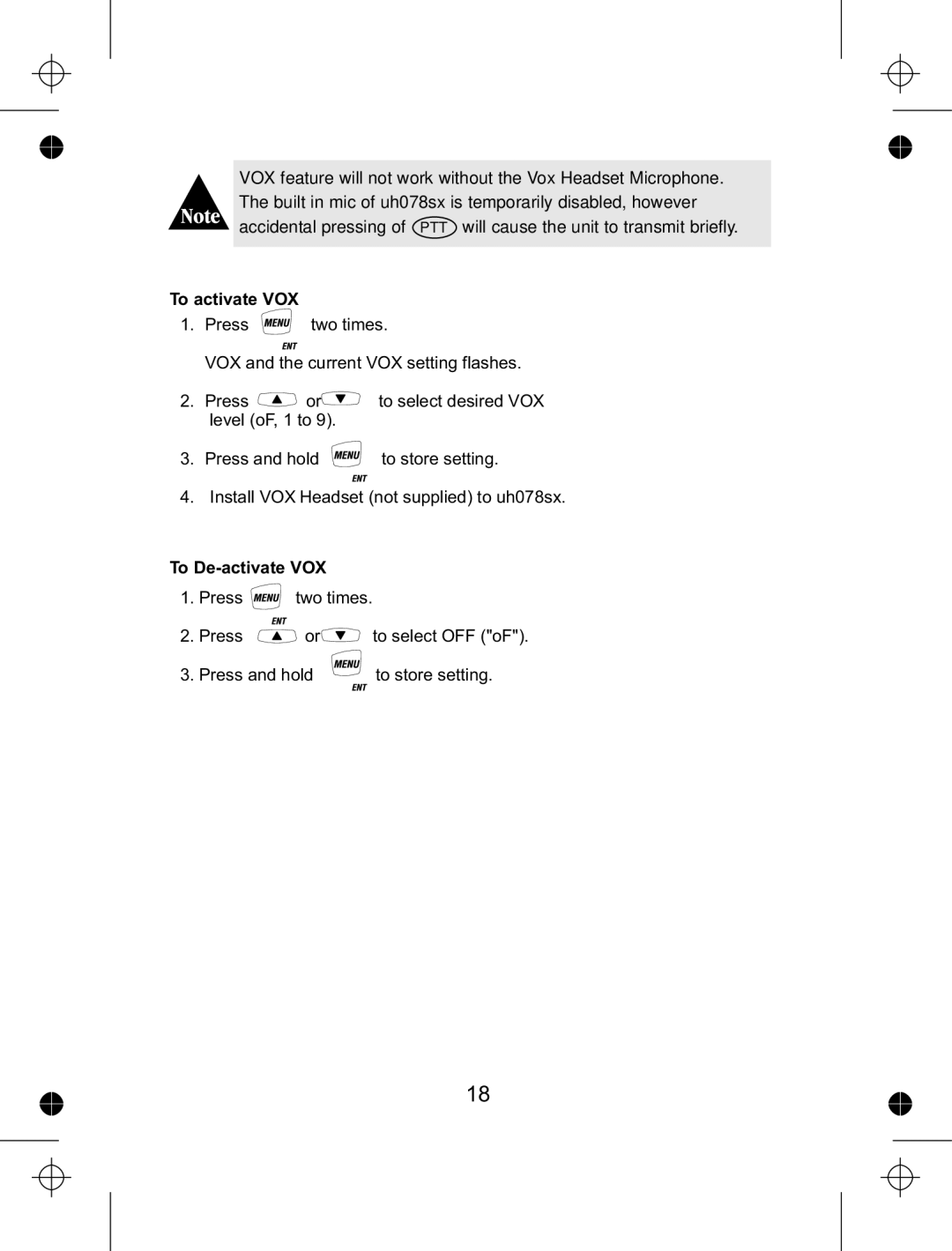 Uniden uh078sx manual To activate VOX, To De-activate VOX 