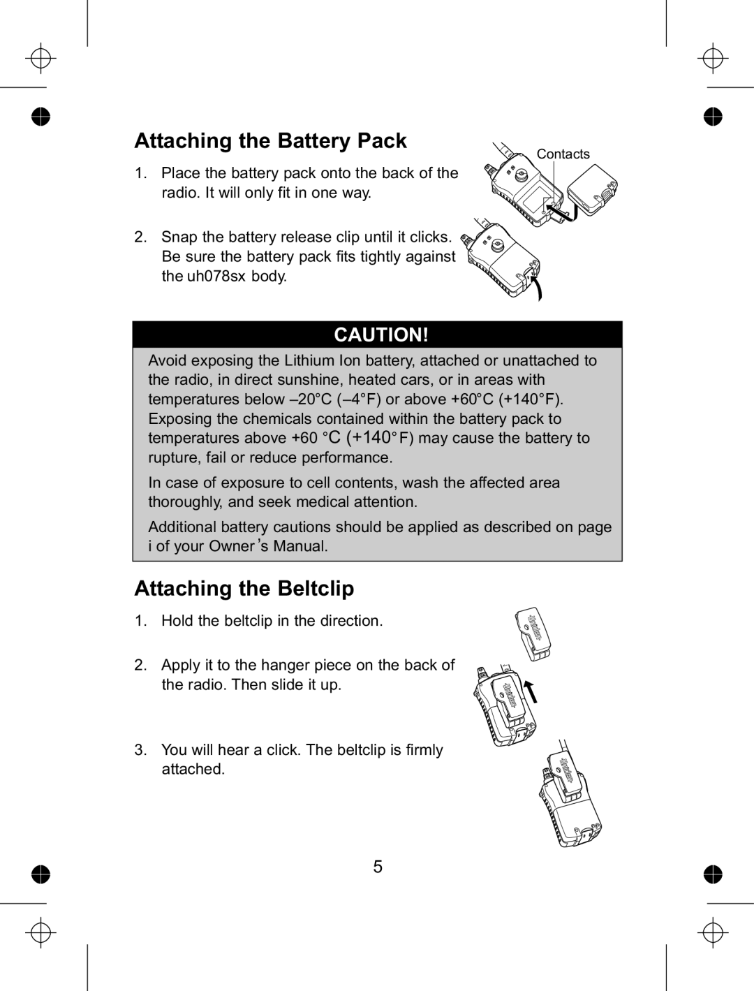 Uniden uh078sx manual Attaching the Battery Pack, Attaching the Beltclip 