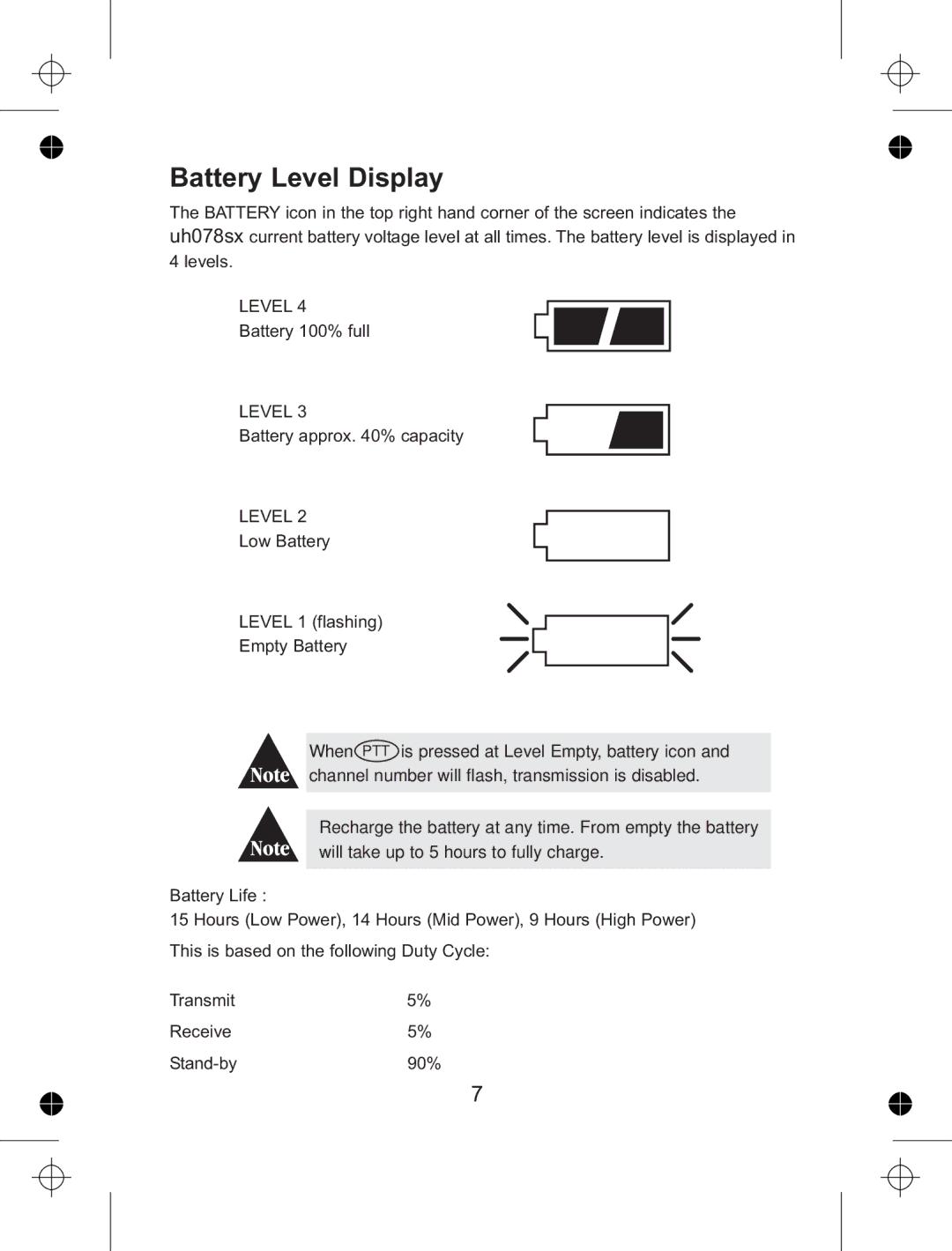 Uniden uh078sx manual Battery Level Display 