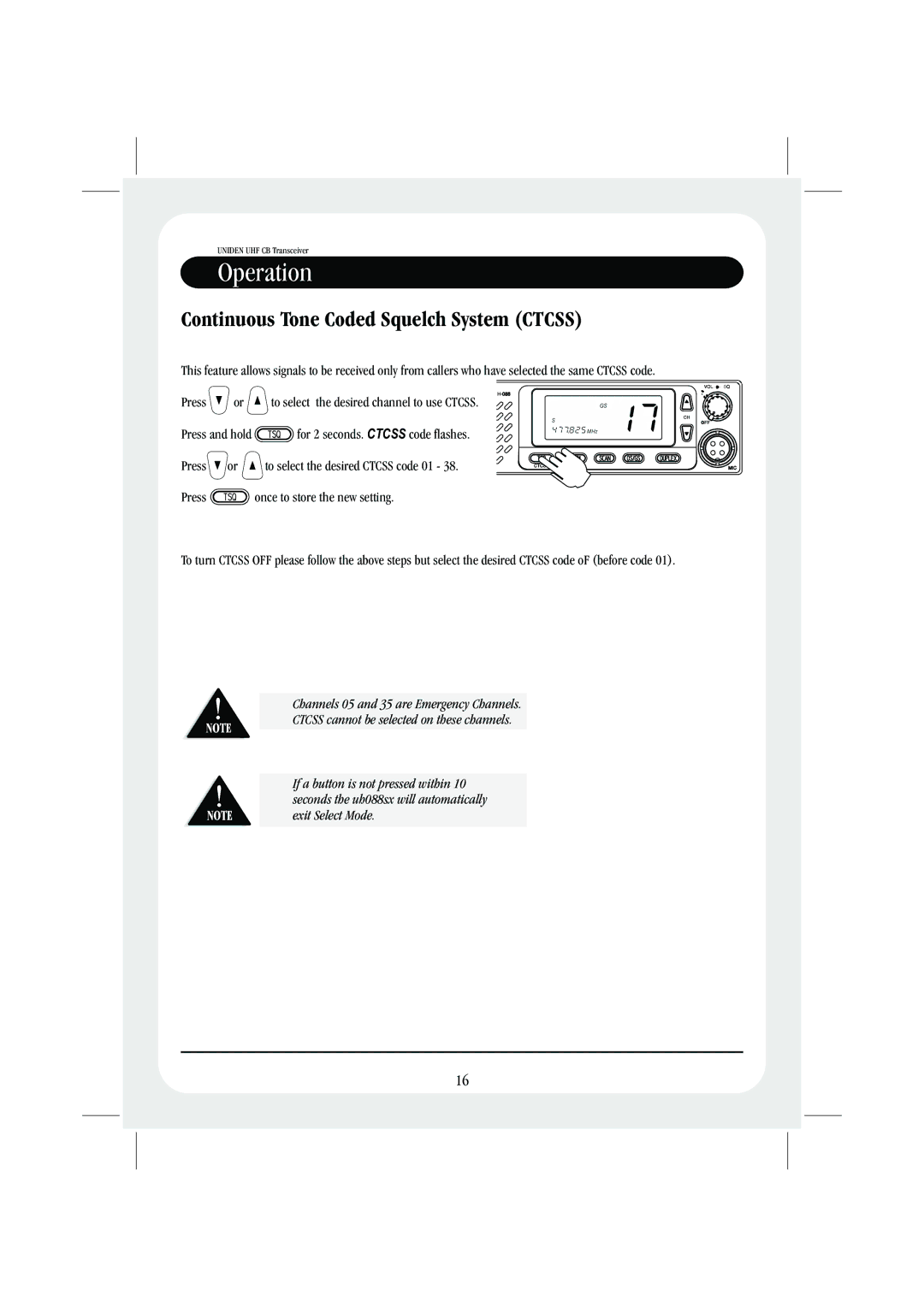 Uniden UH088SX CB manual Continuous Tone Coded Squelch System Ctcss 