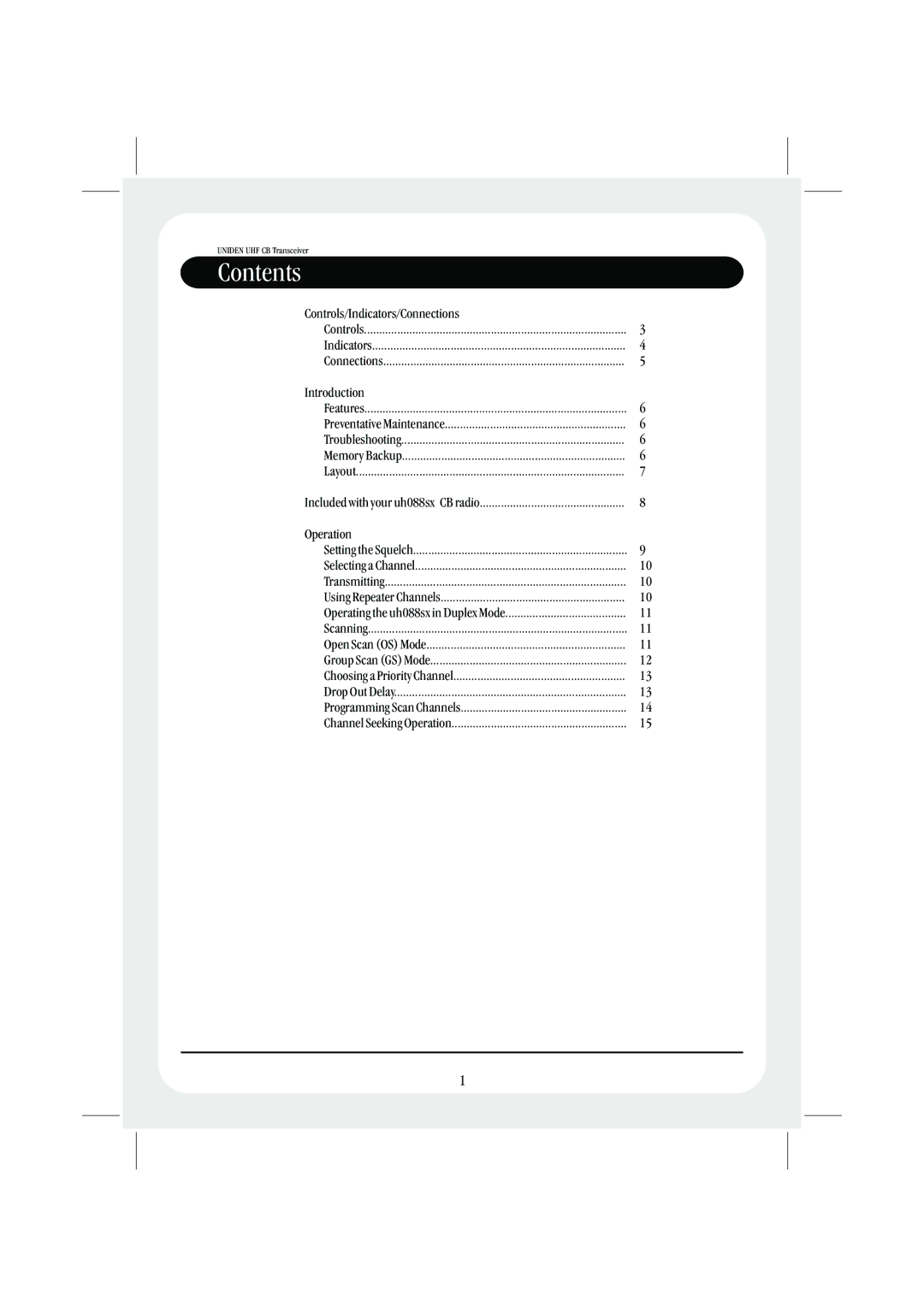 Uniden UH088SX CB manual Contents 