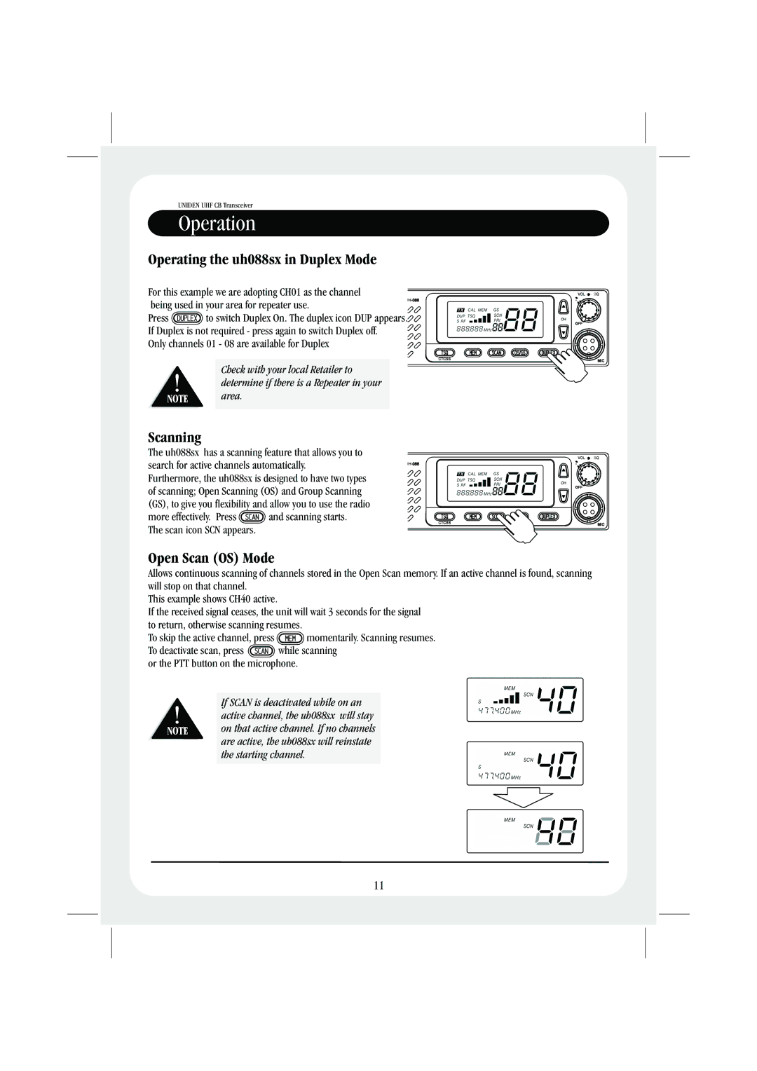 Uniden UH088sx manual Operating the uh088sx in Duplex Mode 