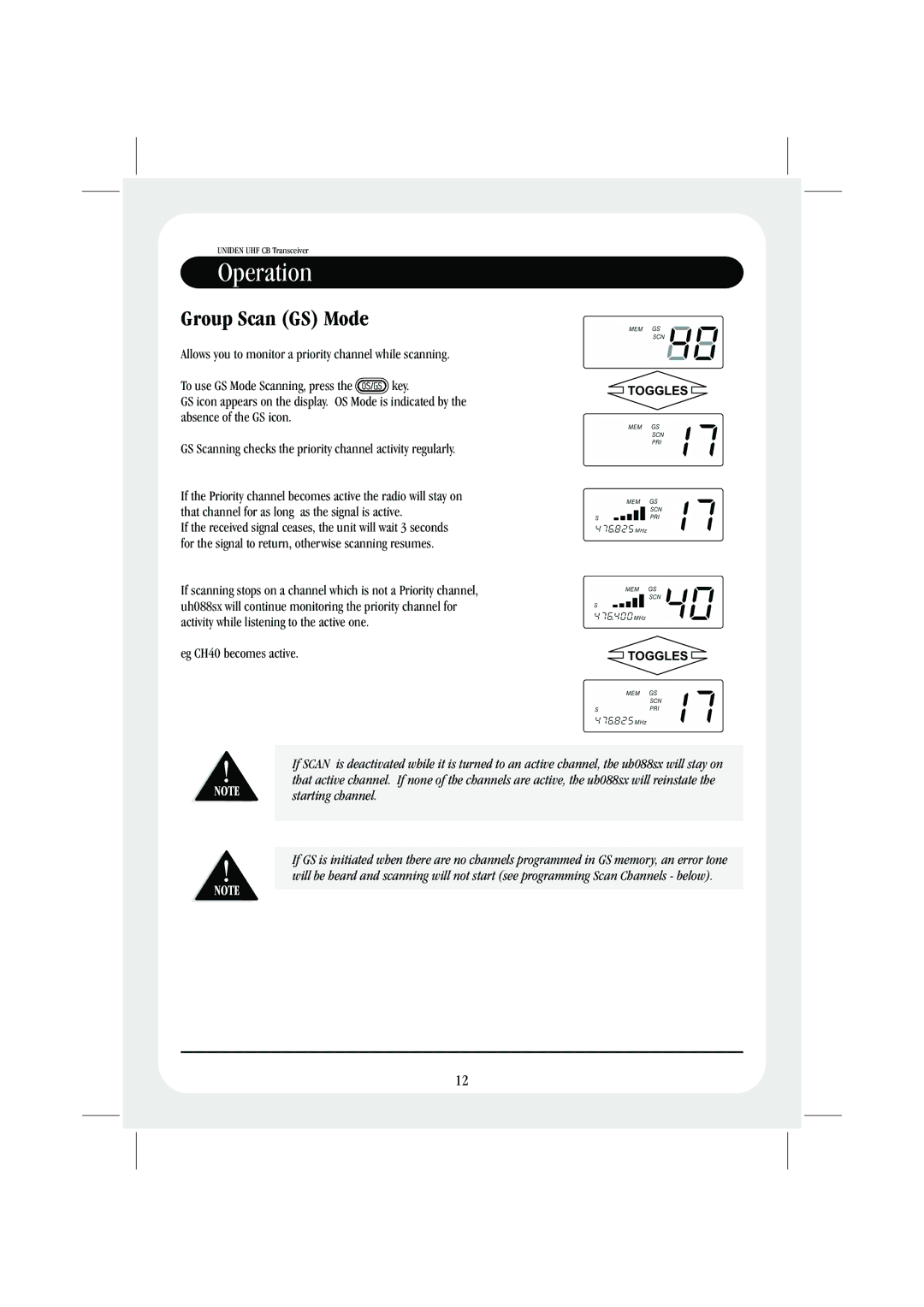 Uniden UH088sx manual Group Scan GS Mode 