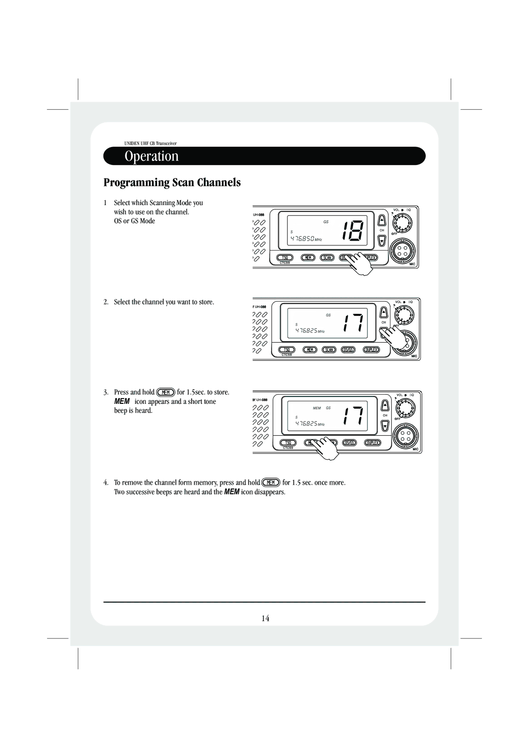 Uniden UH088sx manual Programming Scan Channels 