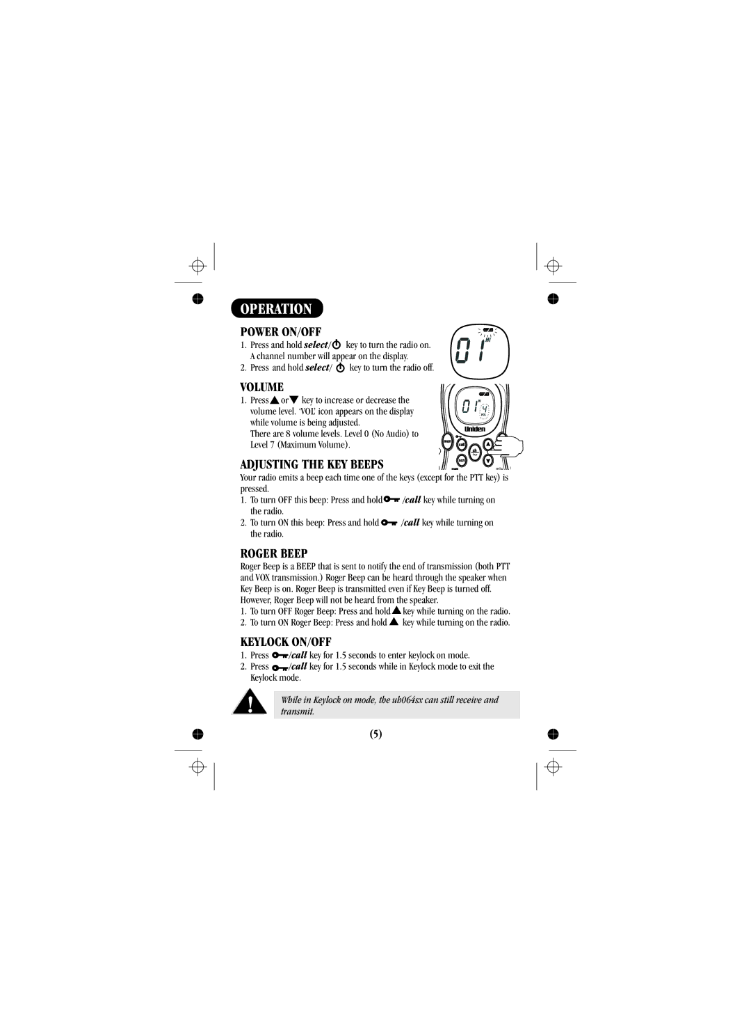 Uniden UH088sx manual Power ON/OFF, Volume, Adjusting the KEY Beeps, Roger Beep, Keylock ON/OFF 