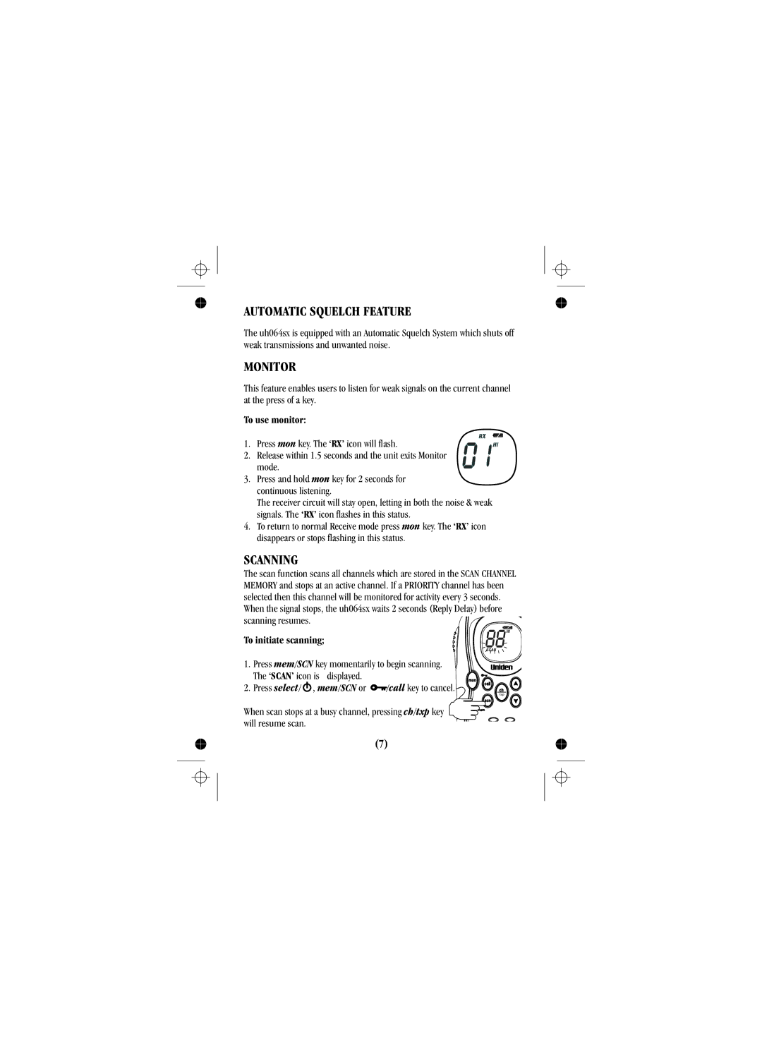 Uniden UH088sx manual Automatic Squelch Feature, Monitor, Scanning 