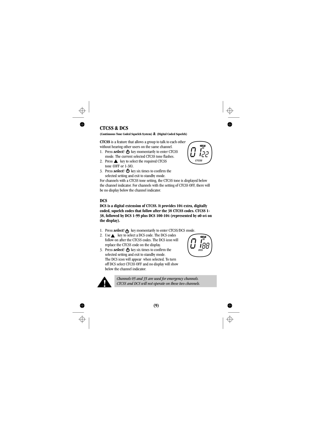 Uniden UH088sx manual Ctcss & DCS, Press key to select the required Ctcss tone OFF or 