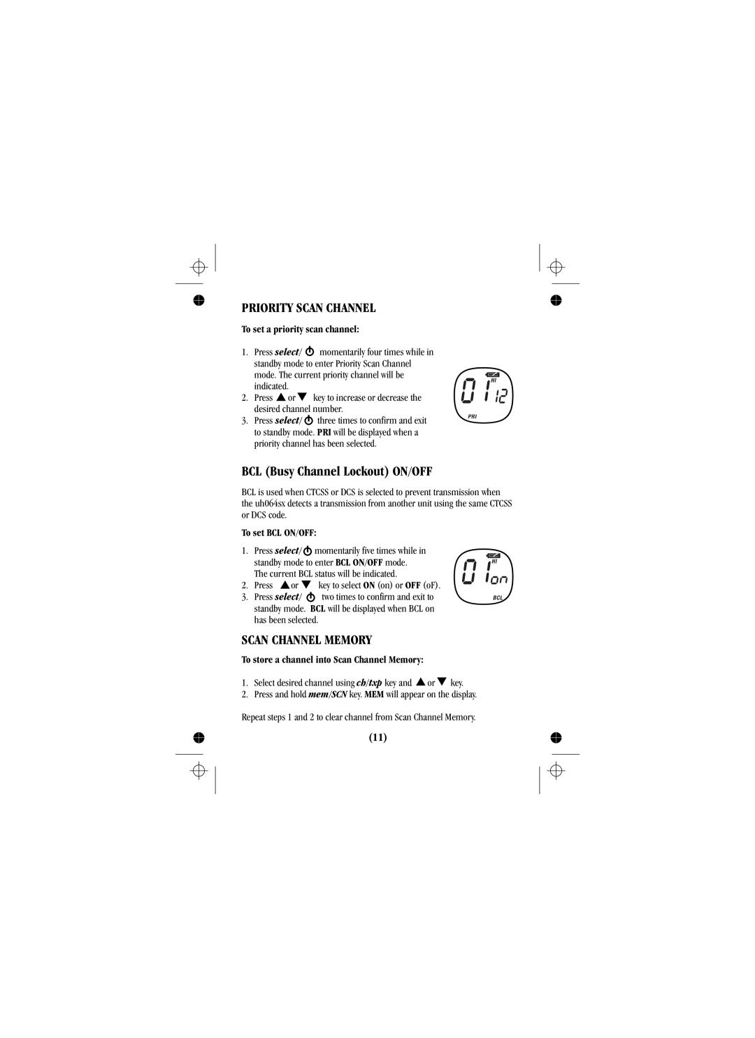 Uniden UH088sx manual Priority Scan Channel, Scan Channel Memory 