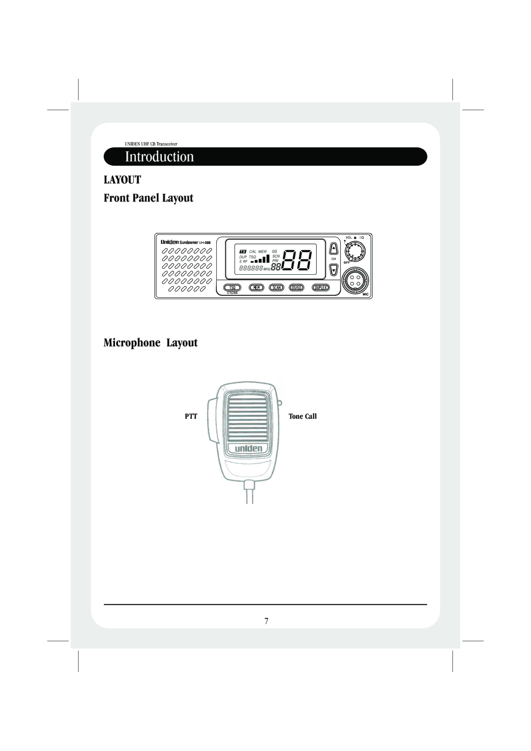 Uniden UH088sx manual Front Panel Layout Microphone Layout 