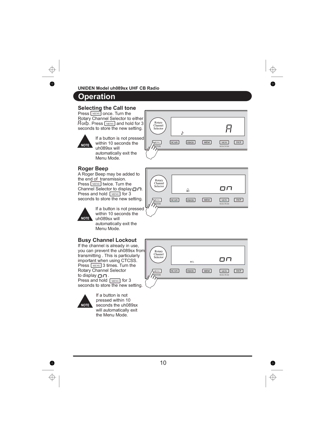 Uniden UH089sx manual Selecting the Call tone, Roger Beep, Busy Channel Lockout 