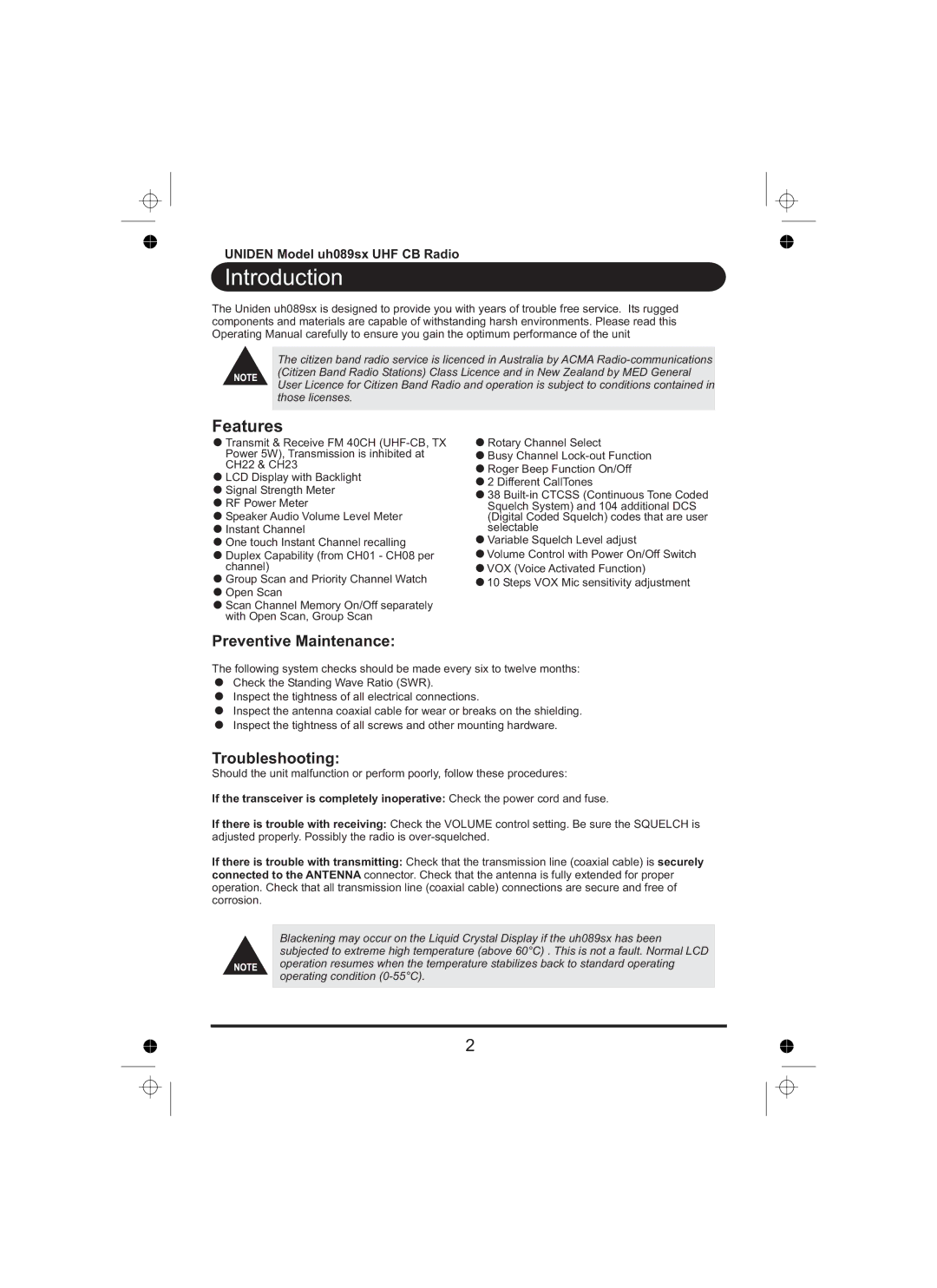 Uniden UH089sx manual Introduction, Features, Preventive Maintenance, Troubleshooting 