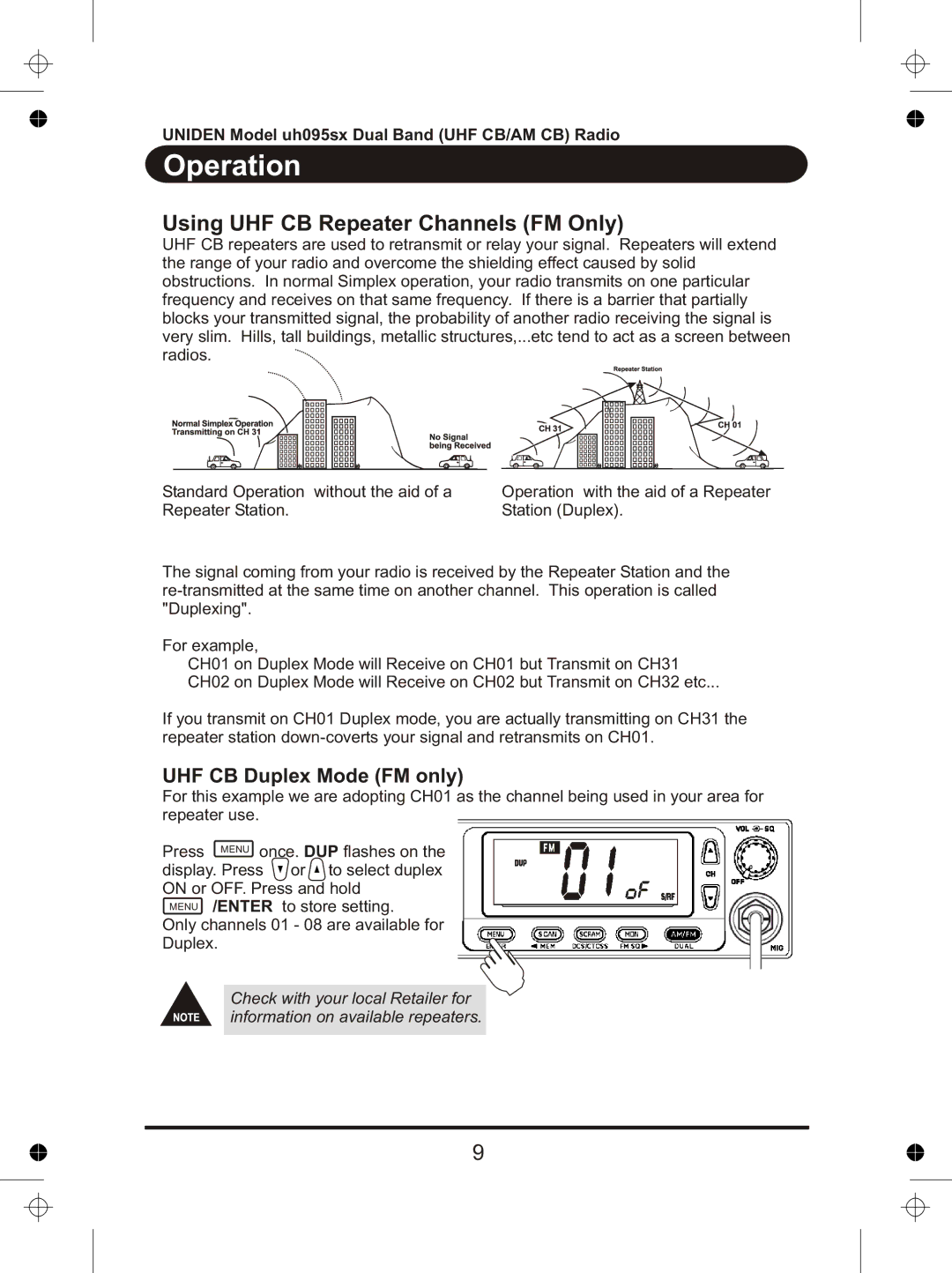 Uniden uh095sx manual Using UHF CB Repeater Channels FM Only, UHF CB Duplex Mode FM only 