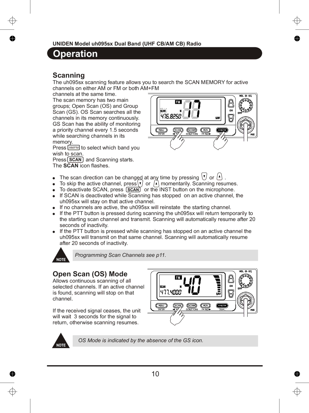 Uniden uh095sx manual Scanning, Open Scan OS Mode 