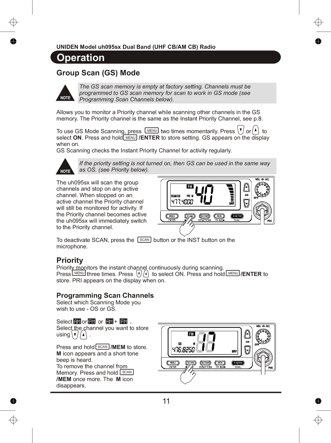 Uniden uh095sx manual Group Scan GS Mode, Priority, Programming Scan Channels 