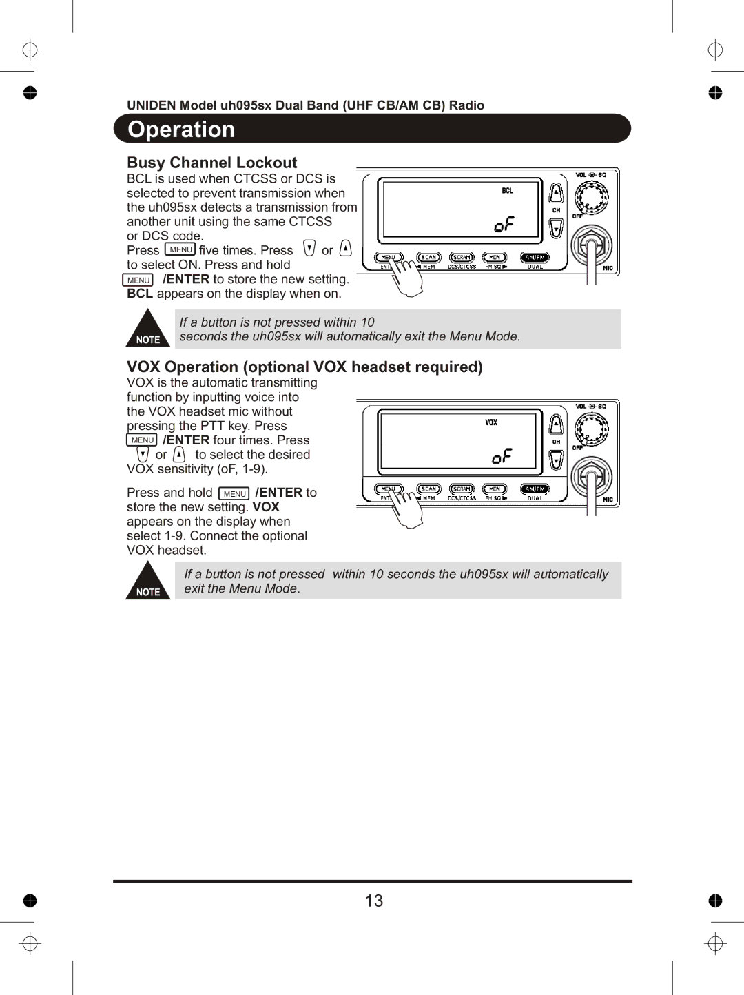 Uniden uh095sx manual Busy Channel Lockout, VOX Operation optional VOX headset required 