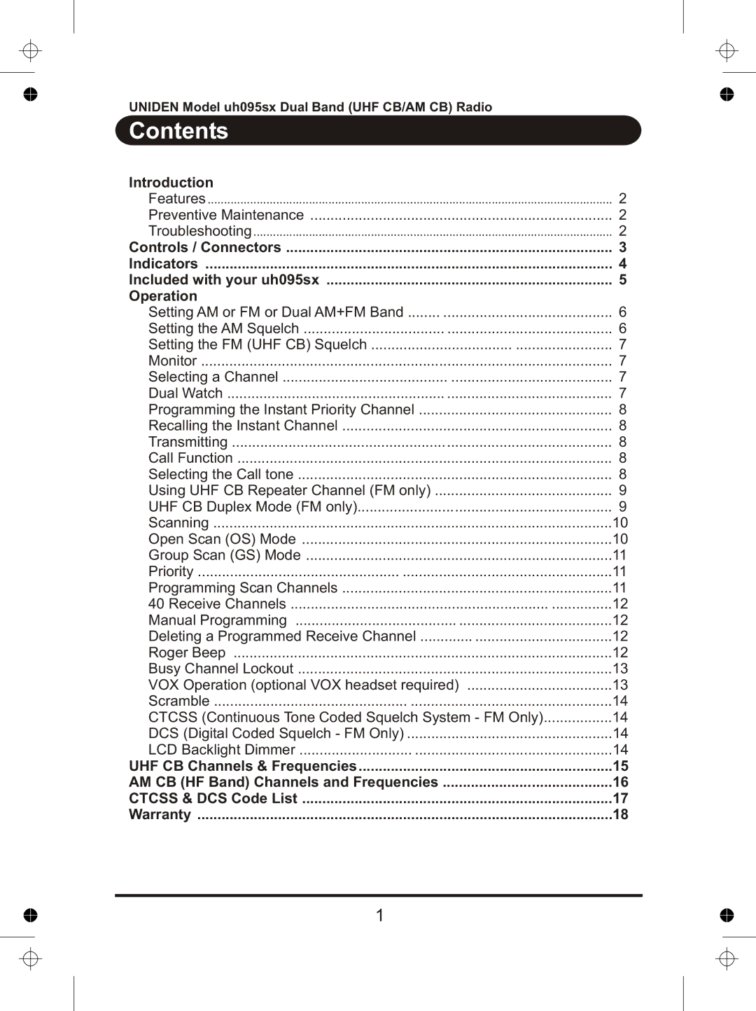 Uniden uh095sx manual Contents 