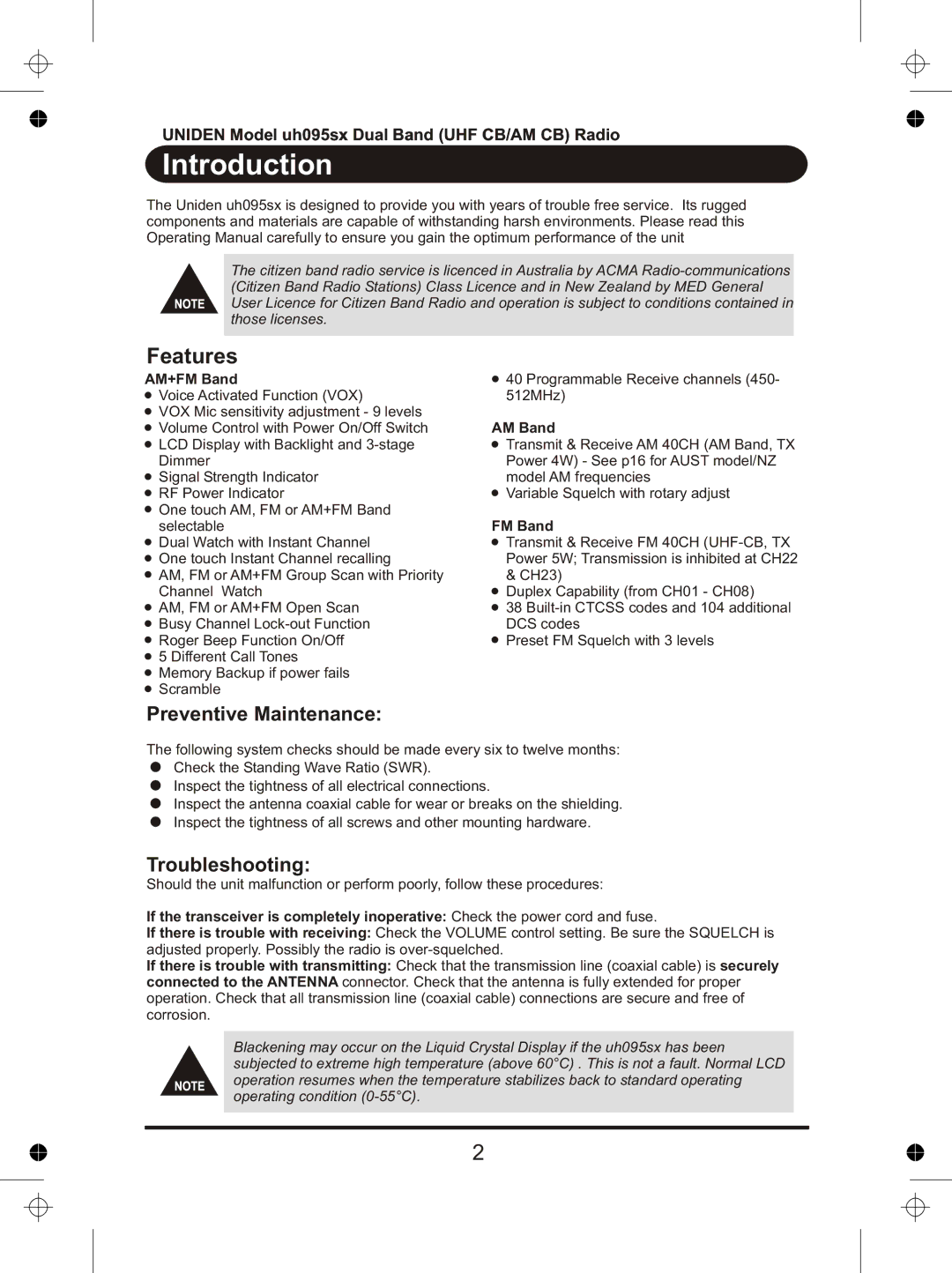 Uniden uh095sx manual Introduction, Features, Preventive Maintenance, Troubleshooting 