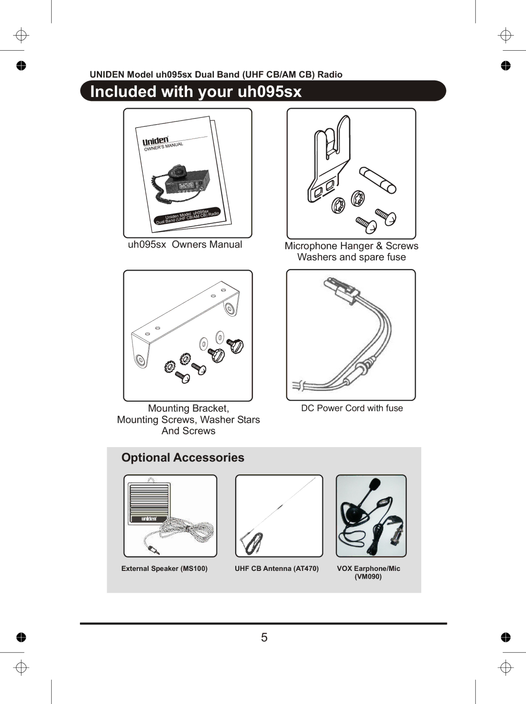 Uniden manual Included with your uh095sx, Optional Accessories 