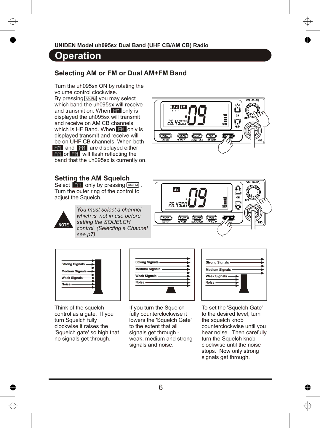 Uniden uh095sx manual Operation, Selecting AM or FM or Dual AM+FM Band, Setting the AM Squelch 