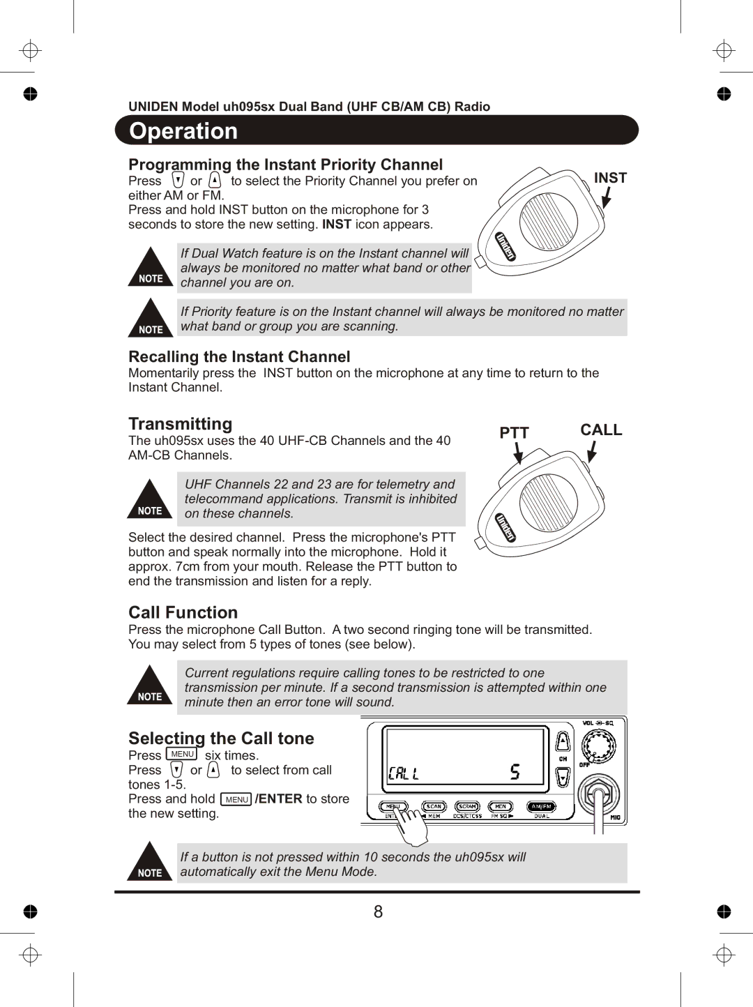 Uniden uh095sx manual Transmitting, Call Function, Selecting the Call tone, Programming the Instant Priority Channel 