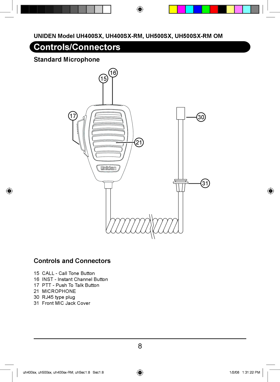 Uniden UH400SX-RM, UH500SX-RM owner manual Standard Microphone Controls and Connectors 