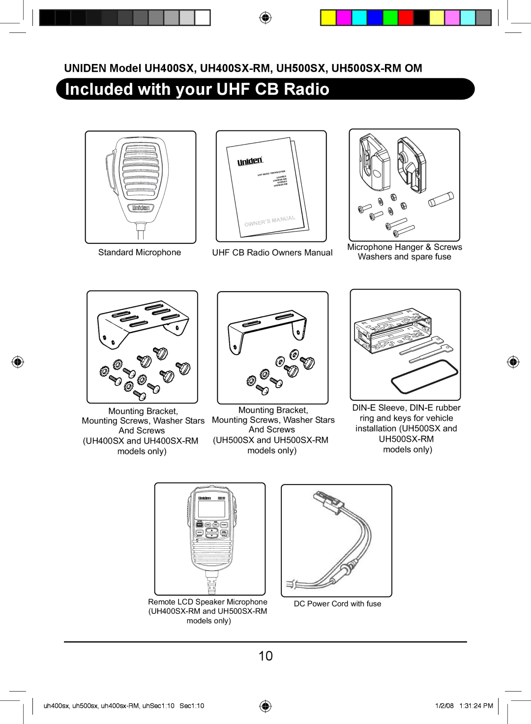 Uniden UH400SX-RM owner manual Included with your UHF CB Radio, UH500SX-RM 