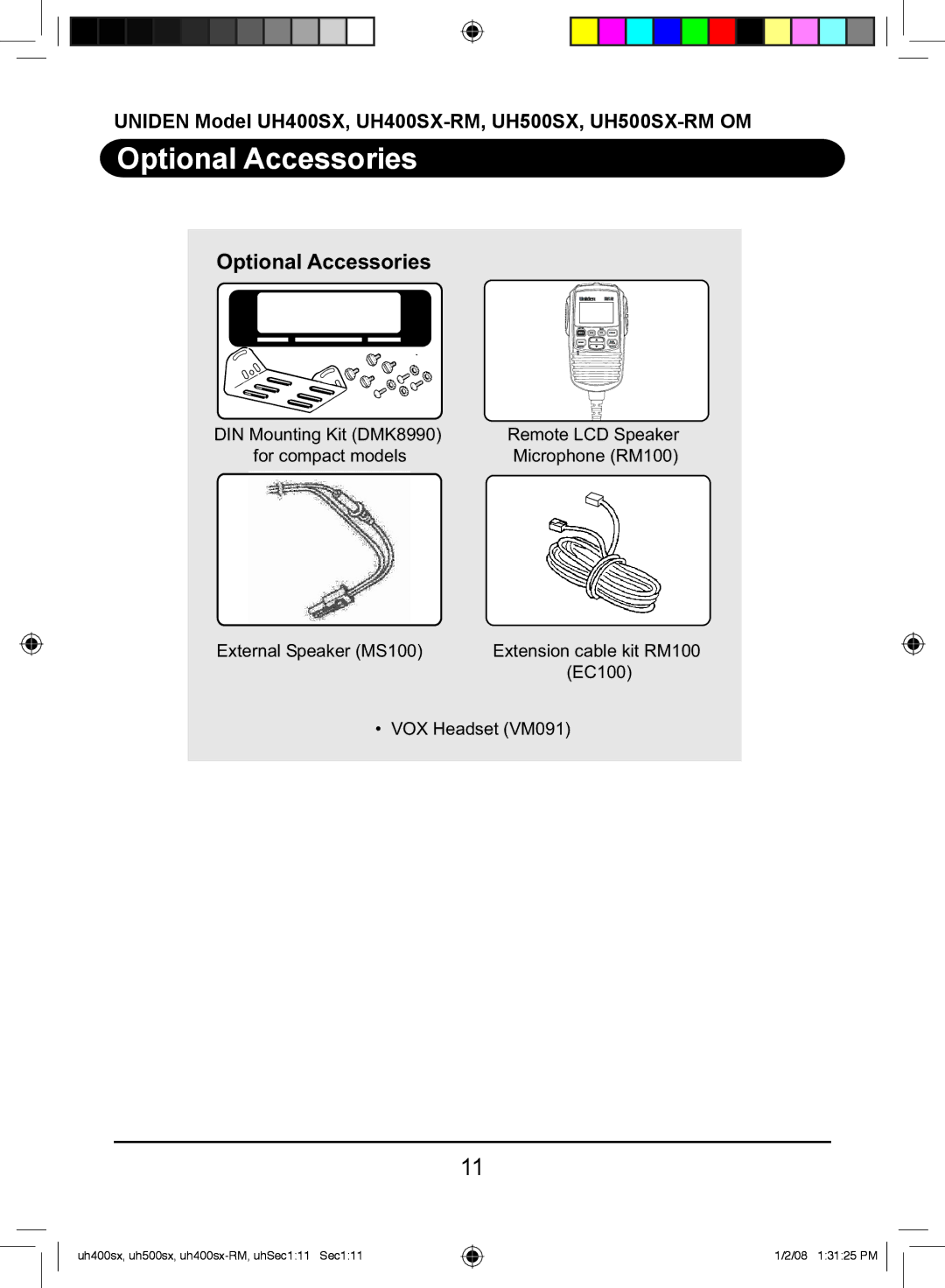 Uniden UH500SX-RM, UH400SX-RM owner manual Optional Accessories 