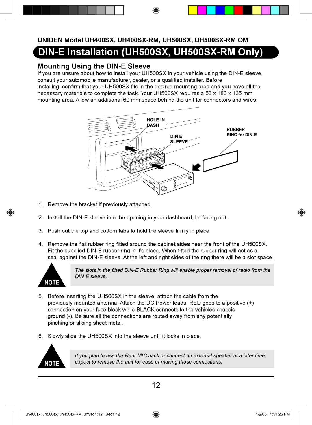 Uniden UH400SX-RM owner manual DIN-E Installation UH500SX, UH500SX-RM Only, Mounting Using the DIN-E Sleeve 