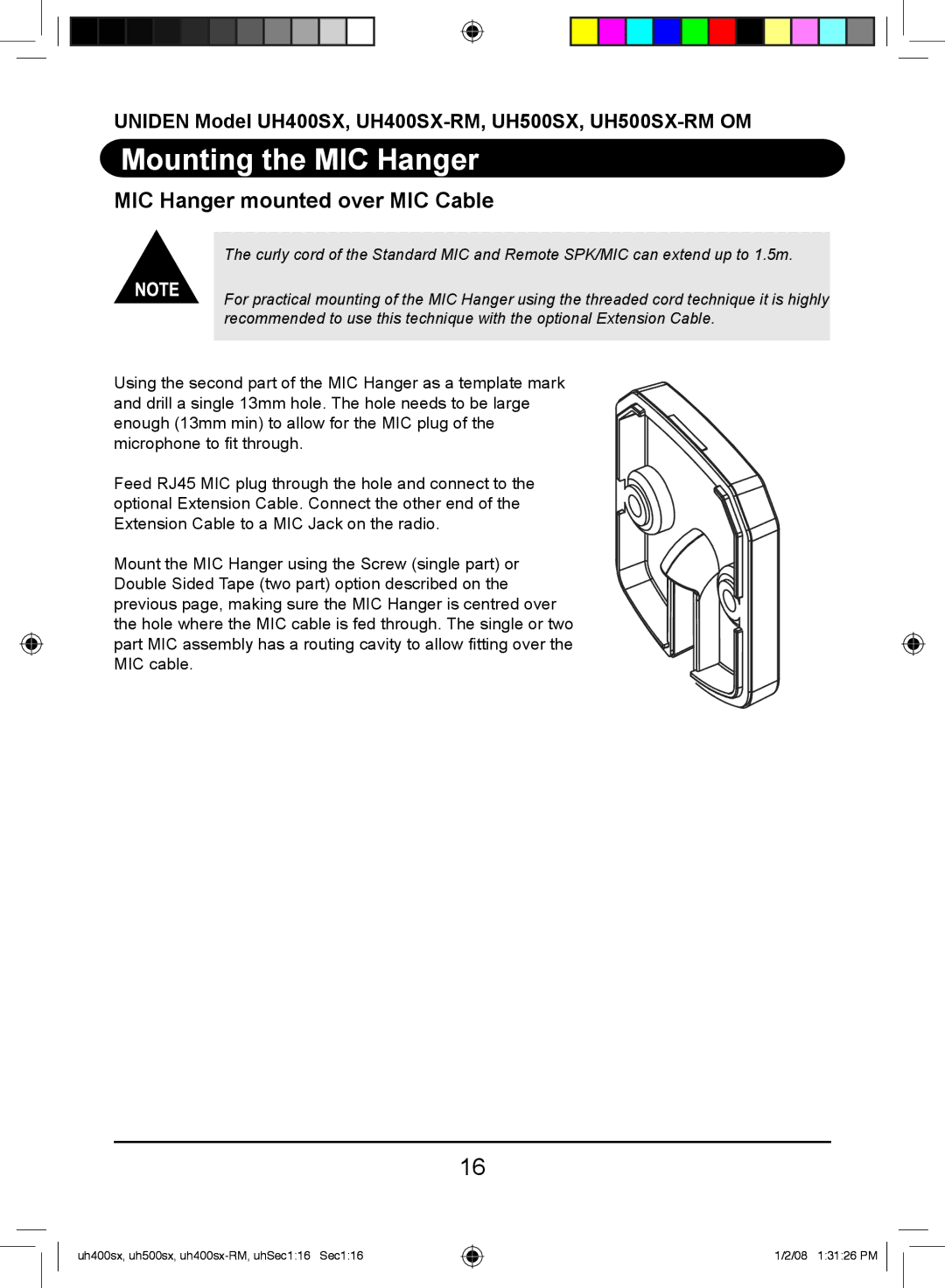 Uniden UH400SX-RM, UH500SX-RM owner manual MIC Hanger mounted over MIC Cable 