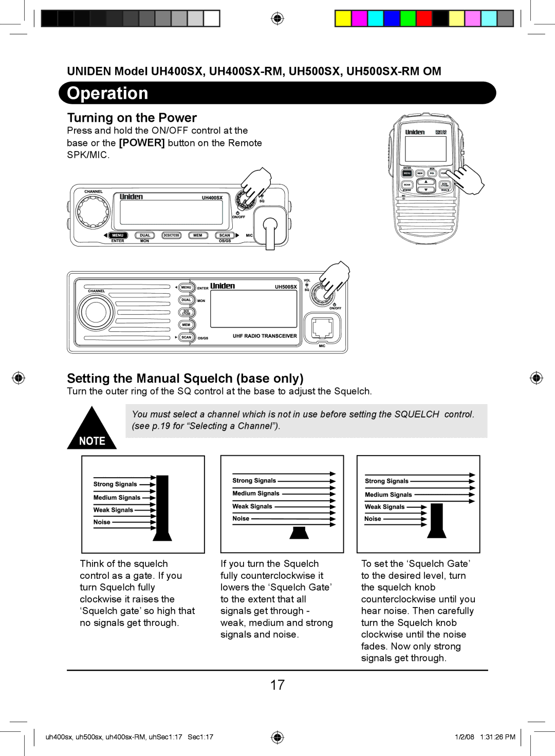 Uniden UH400SX-RM, UH500SX-RM owner manual Operation, Turning on the Power, Setting the Manual Squelch base only 