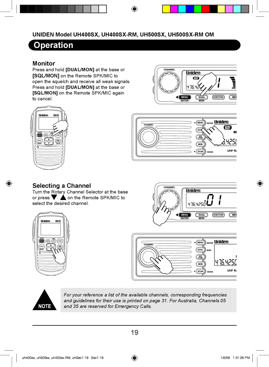 Uniden UH500SX-RM, UH400SX-RM owner manual Monitor, Selecting a Channel 