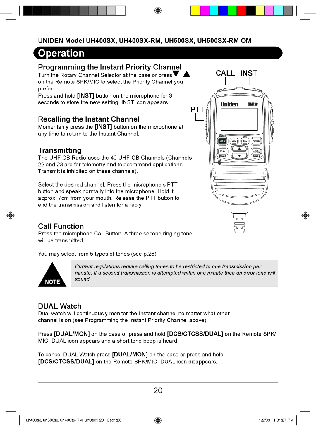 Uniden UH500SX Programming the Instant Priority Channel, PTT Recalling the Instant Channel, Transmitting, Call Function 