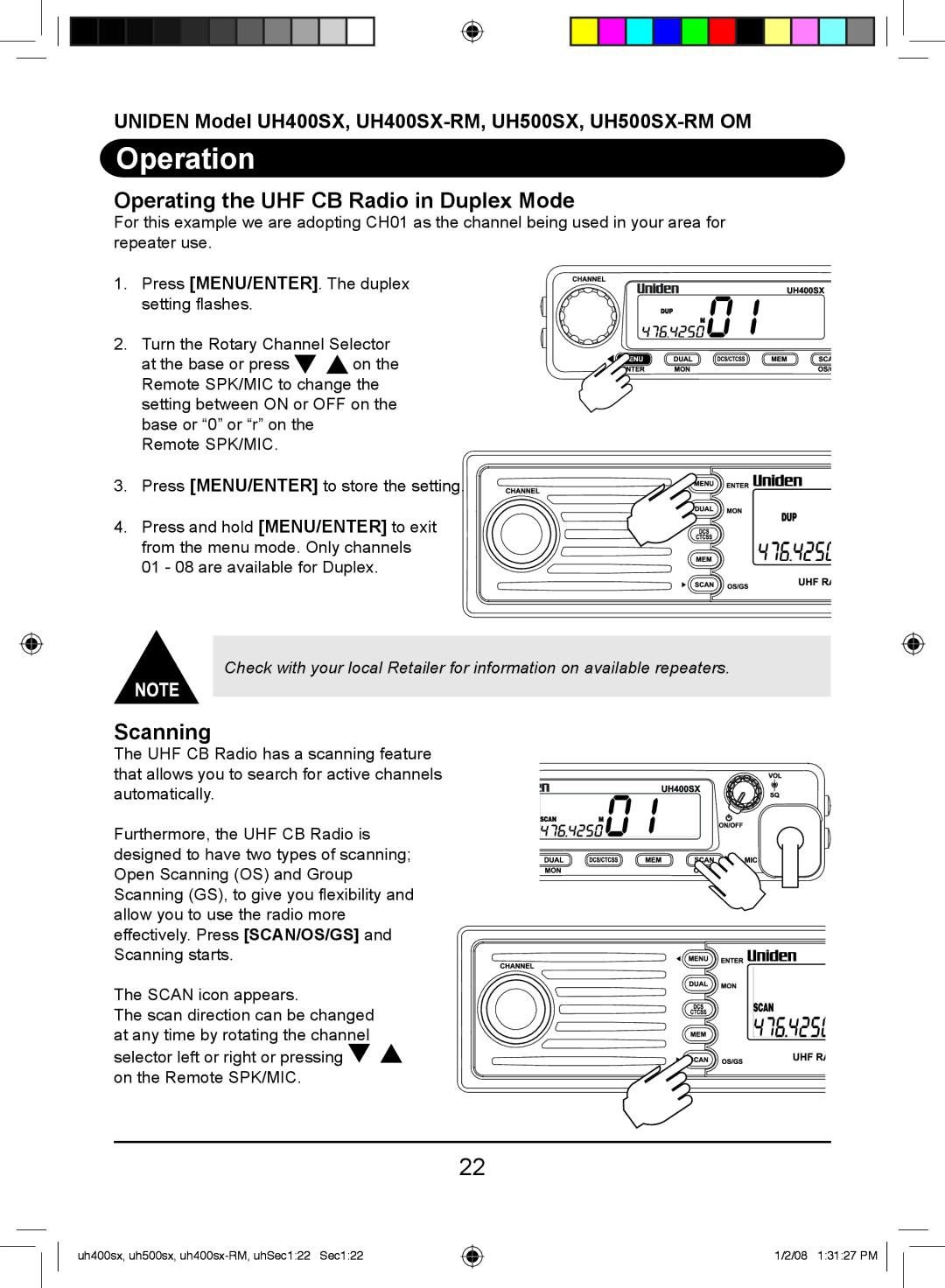 Uniden UH400SX-RM, UH500SX-RM owner manual Operating the UHF CB Radio in Duplex Mode, Scanning 