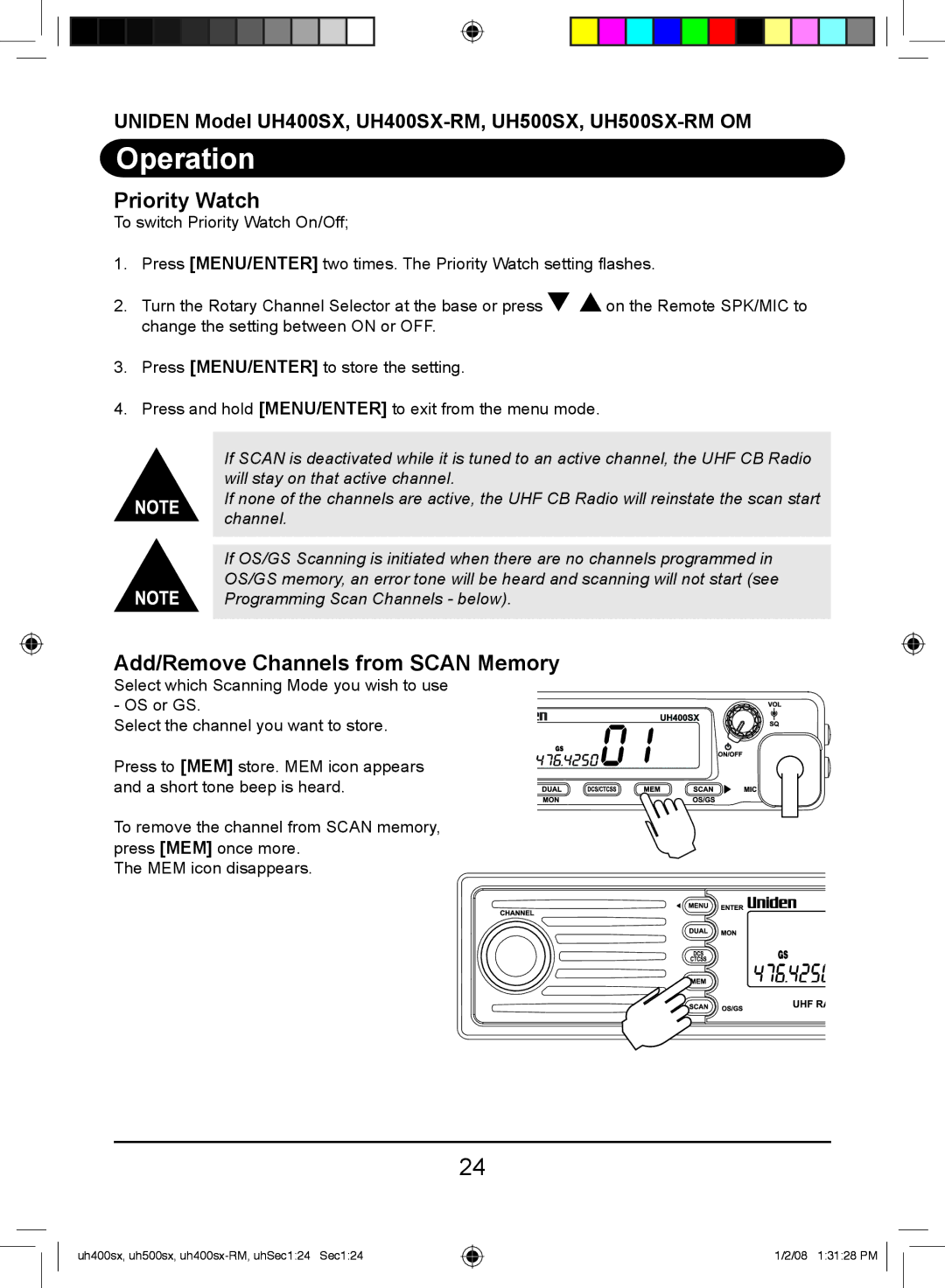 Uniden UH400SX-RM, UH500SX-RM owner manual Priority Watch, Add/Remove Channels from Scan Memory 