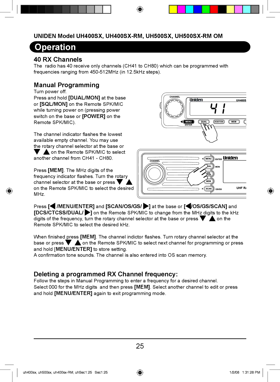 Uniden UH400SX-RM, UH500SX-RM owner manual RX Channels, Manual Programming, Deleting a programmed RX Channel frequency 