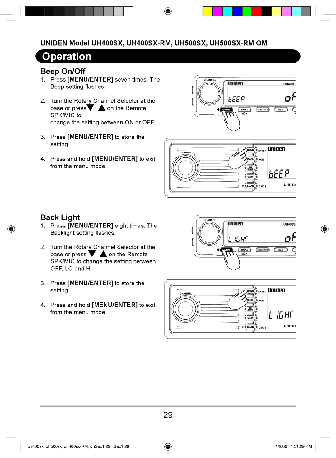 Uniden UH400SX-RM, UH500SX-RM owner manual Beep On/Off, Back Light 