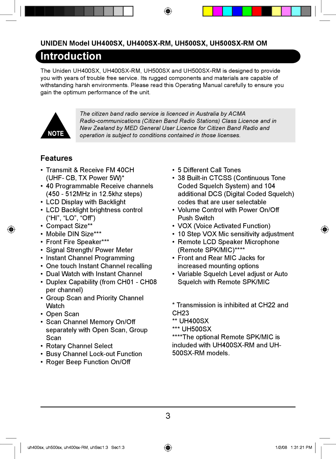 Uniden UH500SX-RM, UH400SX-RM owner manual Introduction, Features 