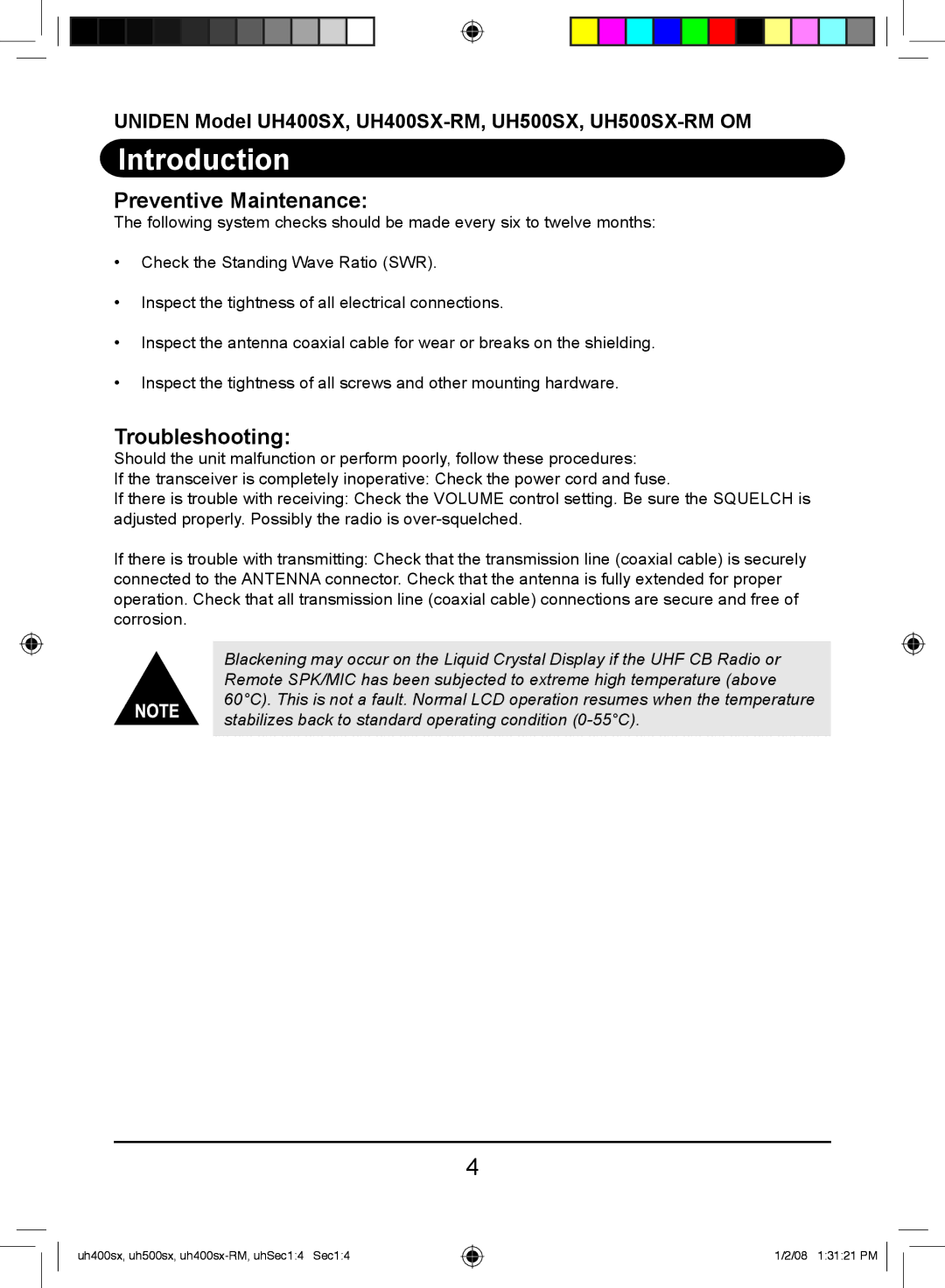 Uniden UH400SX-RM, UH500SX-RM owner manual Preventive Maintenance, Troubleshooting 