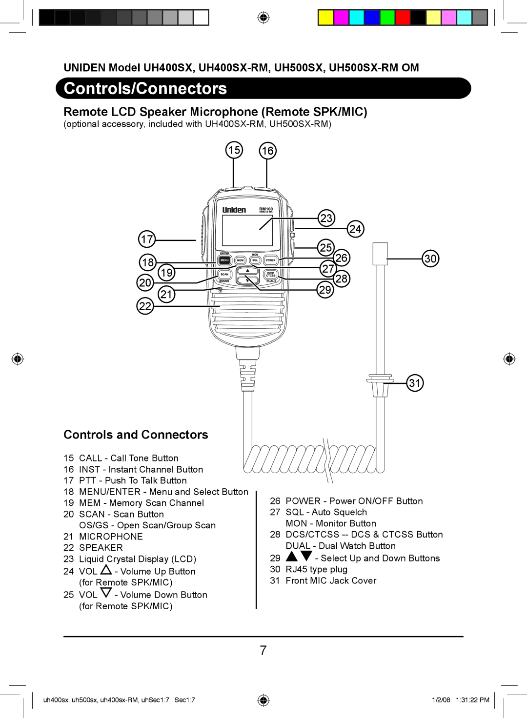 Uniden UH500SX-RM, UH400SX-RM owner manual Remote LCD Speaker Microphone Remote SPK/MIC, Microphone Speaker 