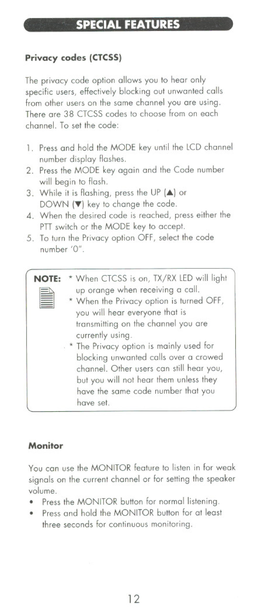 Uniden UHO45XR manual Privacy codes Ctcss, Monitor 