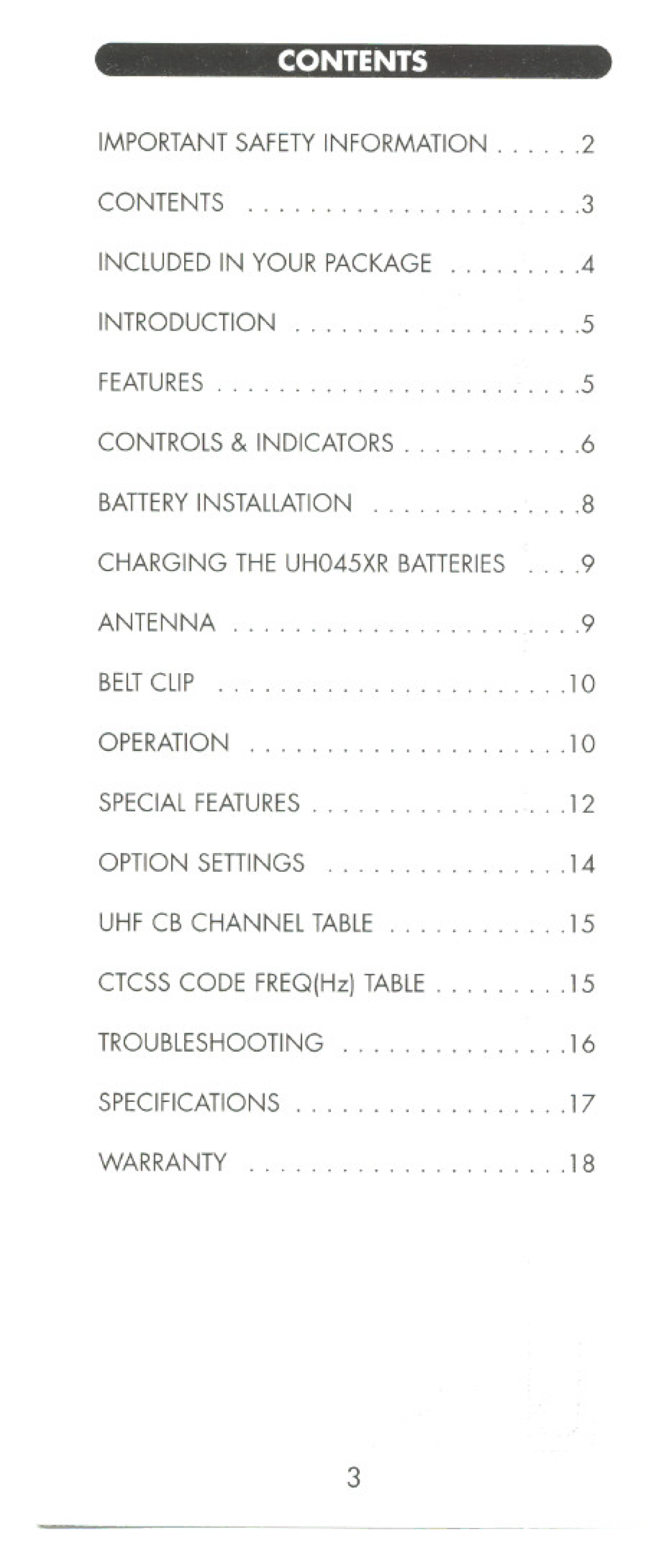 Uniden UHO45XR manual Contents 