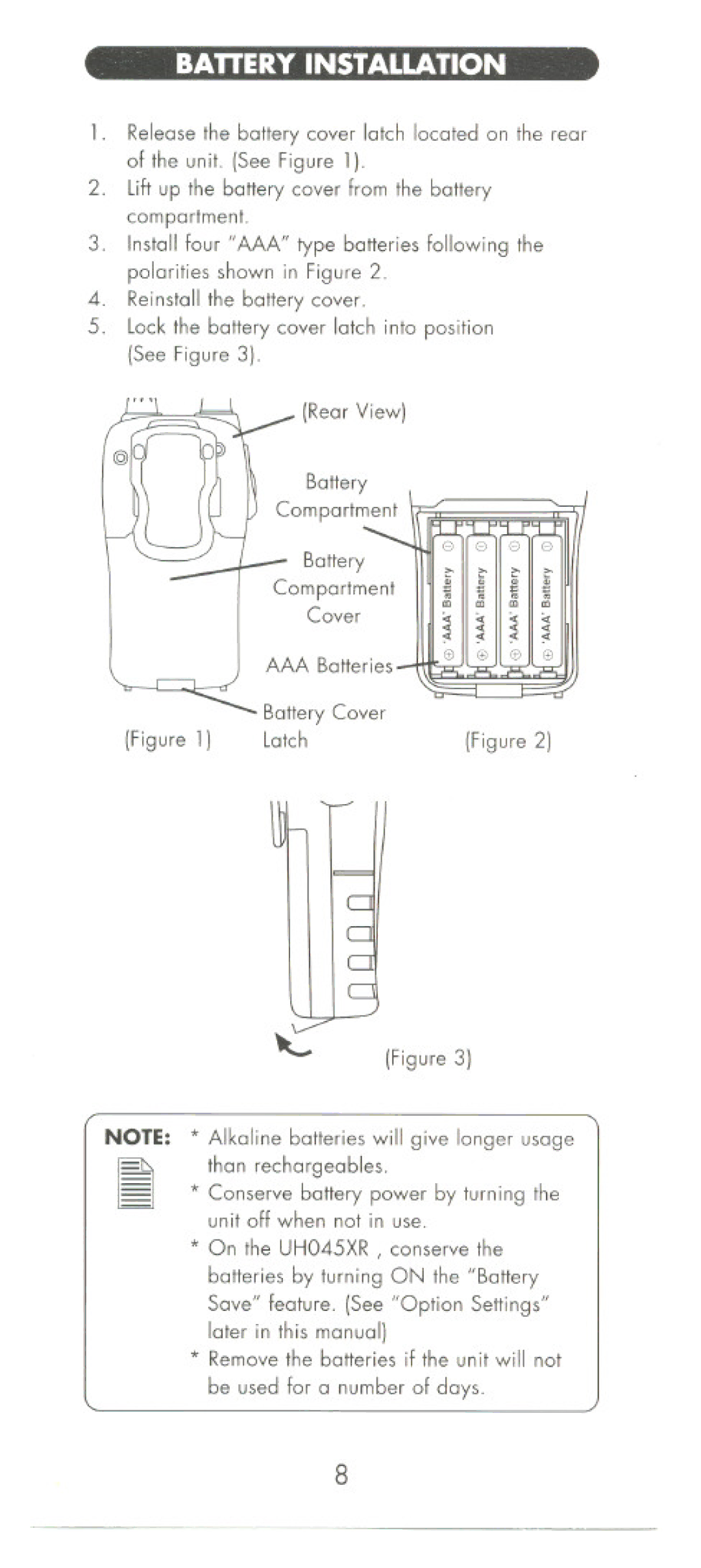 Uniden UHO45XR manual Batteryinstallation 